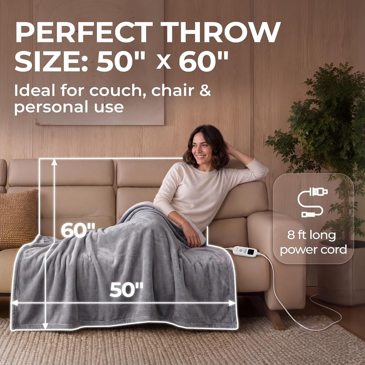 Electric Heated Throw Blanket 50"X60", 8Ft Cord, 6 Heat Levels